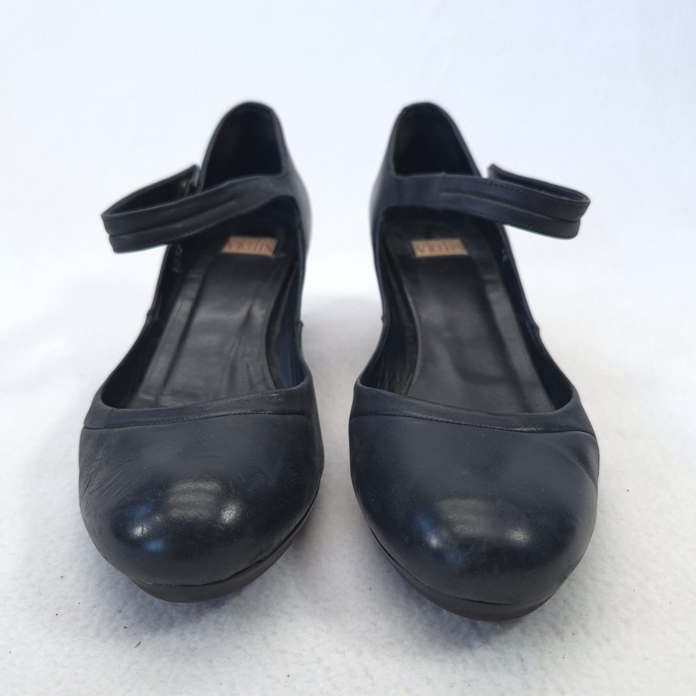 Vialis Black Leather Mary Jane Heels Buttoned Strap Round Toe Size 6 - Picture 7 of 12